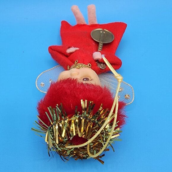 Vintage 1950s Napco Red Hair Pixie Angel Ornament • Felt Elf Japan • Gold Tinsel - Picture 8 of 9